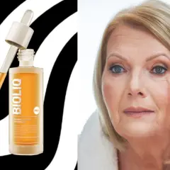 Butelka serum Bioliq z pipetką i kobieta aplikująca produkt na skórę pod okiem.