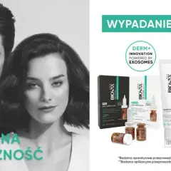 Para i produkty Biovax Trychologic: szampon, ampułki dla mężczyzn i kobiet.