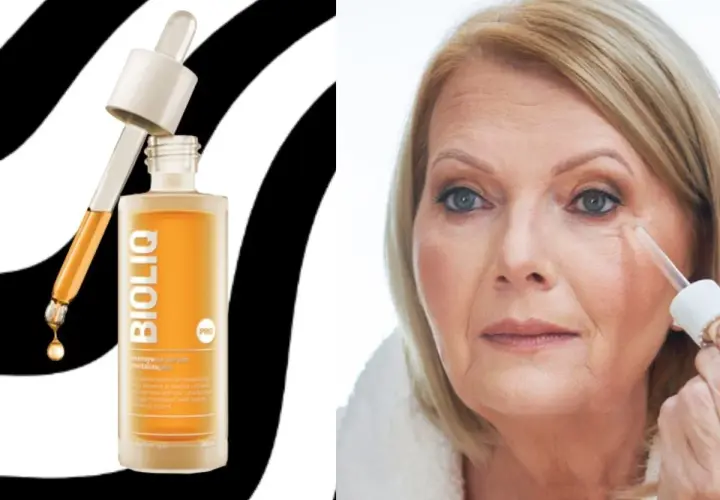 Butelka serum Bioliq z pipetką i kobieta aplikująca produkt na skórę pod okiem.