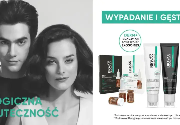 Para i produkty Biovax Trychologic: szampon, ampułki dla mężczyzn i kobiet.