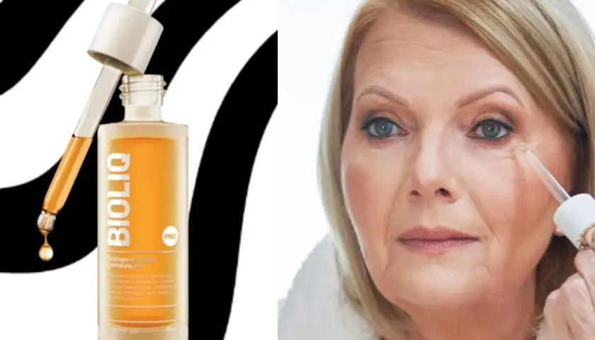 Butelka serum Bioliq z pipetką i kobieta aplikująca produkt na skórę pod okiem.