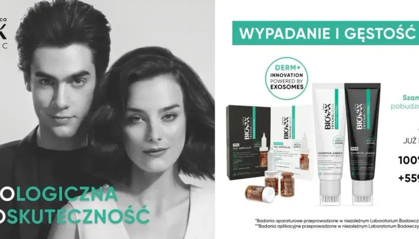 Para i produkty Biovax Trychologic: szampon, ampułki dla mężczyzn i kobiet.