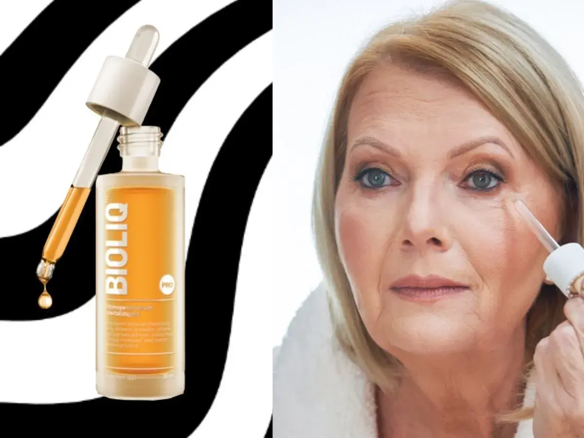 Butelka serum Bioliq z pipetką i kobieta aplikująca produkt na skórę pod okiem.
