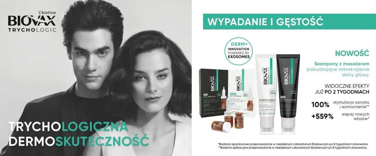 Para i produkty Biovax Trychologic: szampon, ampułki dla mężczyzn i kobiet.